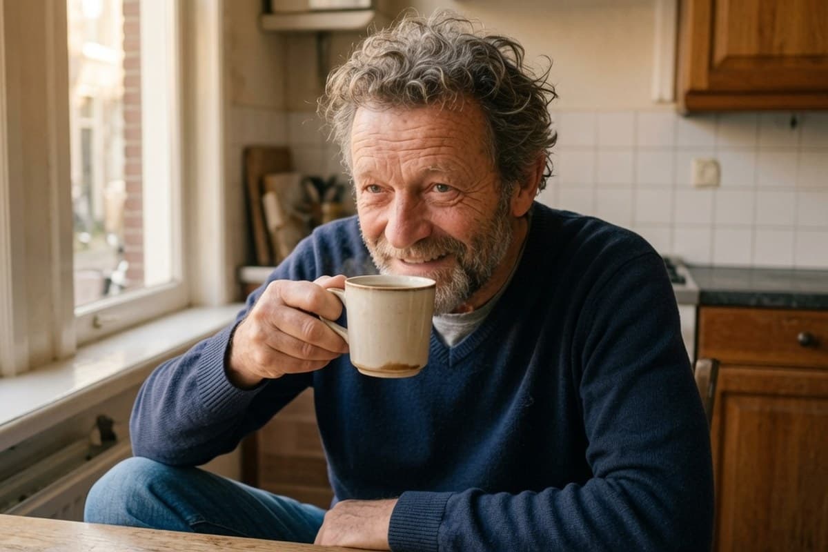 Ik aan de keukentafel, met een kop koffie